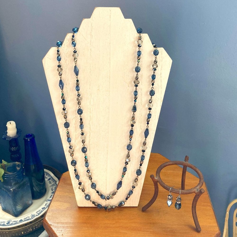 Blue/Gray Glass Necklace + Earrings 2pc Set